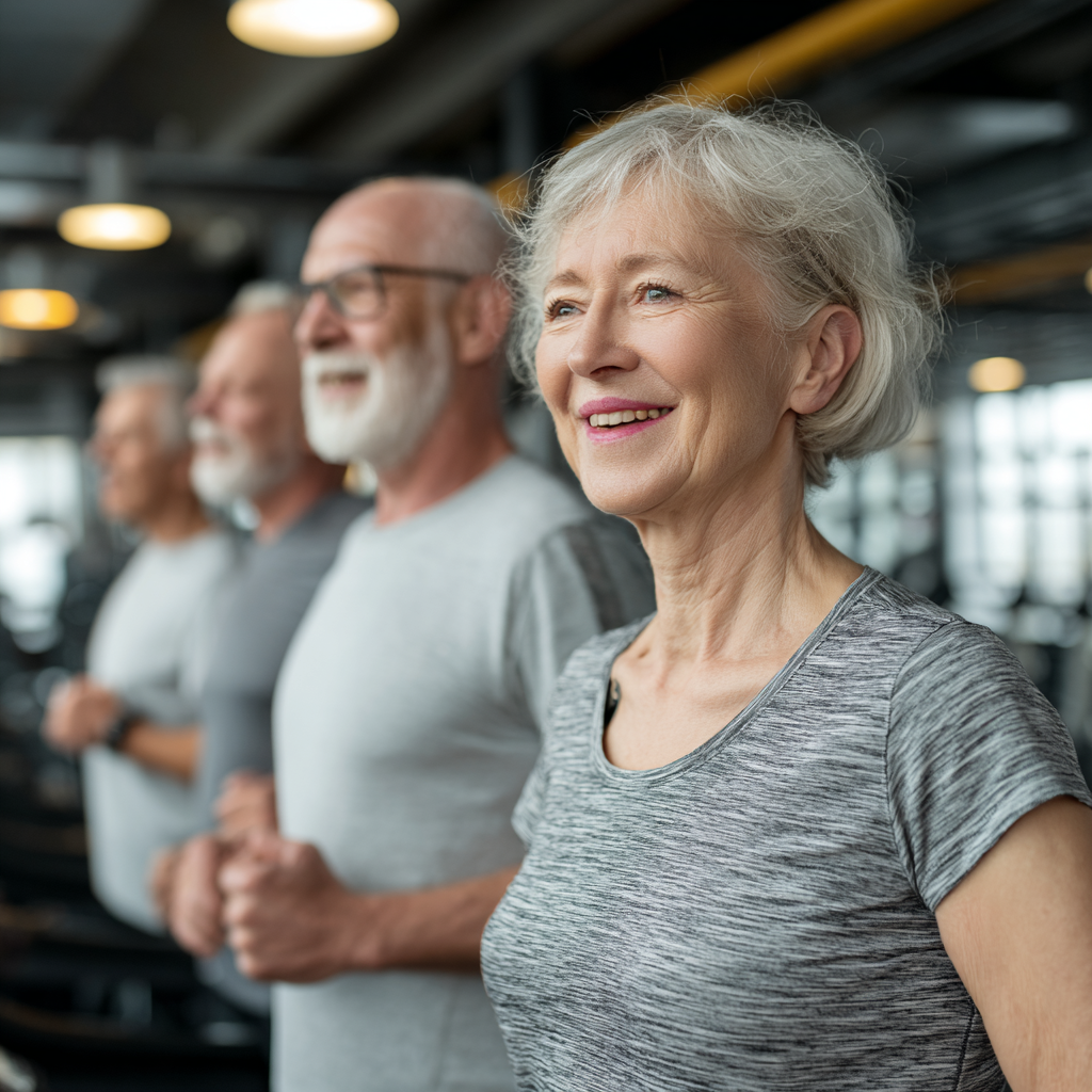 Group of white ukranian mature adults engaging in fitness activities together in a modern gym environment