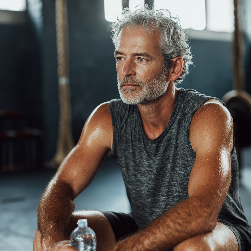 Middle-aged person showing fitness progress and transformation in a professional gym setting